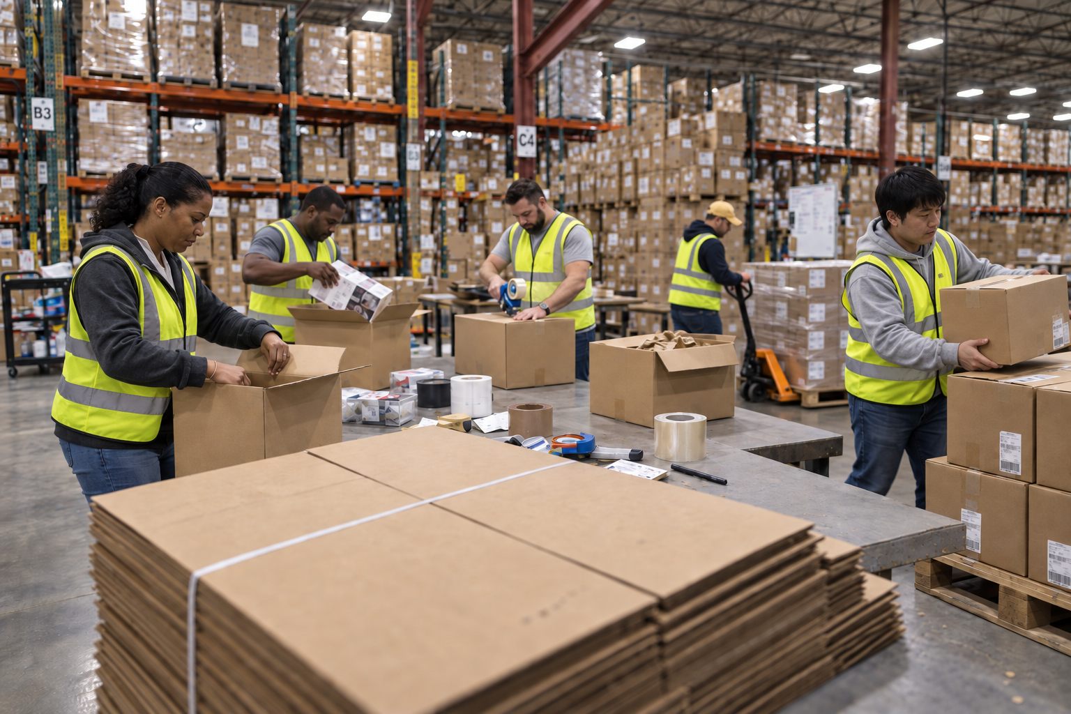 Warehouse team performing contract packaging and order preparation
