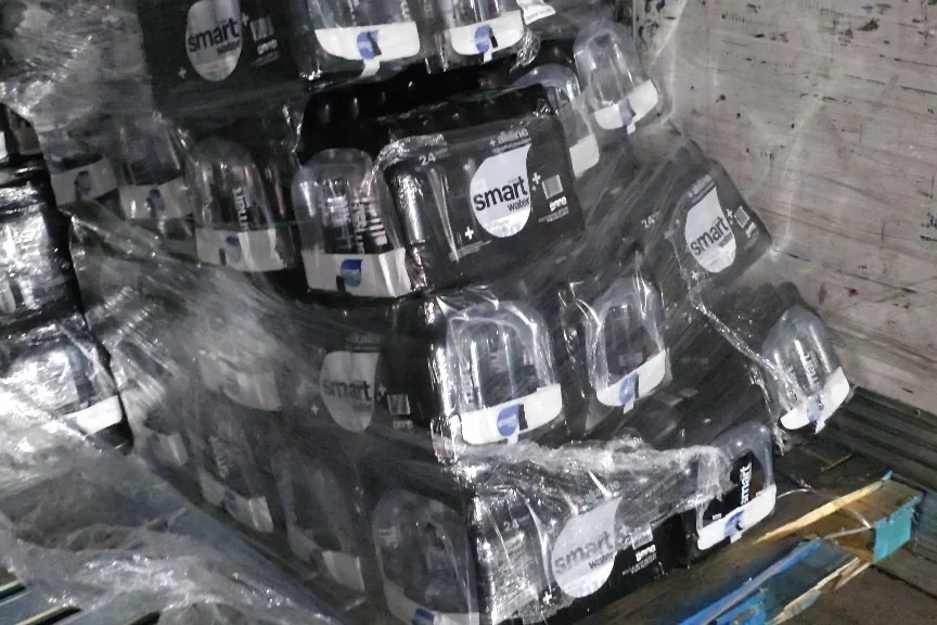 Damaged Smartwater pallet before recovery