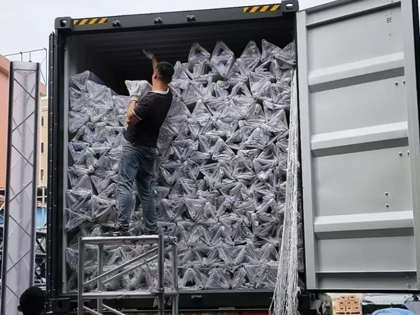 Event truss freight being unloaded from a container in Statesville North Carolina